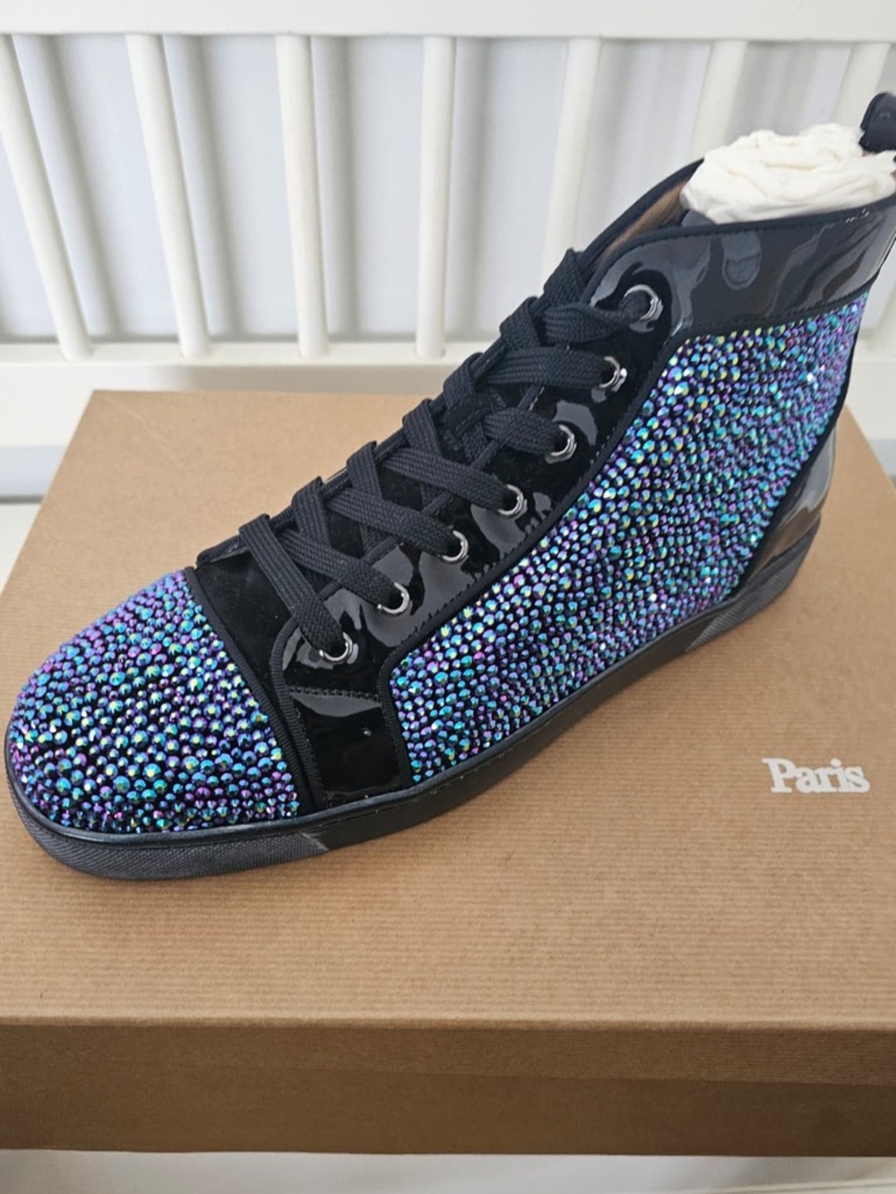 Louis Vuitton Men's Black High-Top Sneakers with Iridescent Crystal Detail - Picture 3 of 8